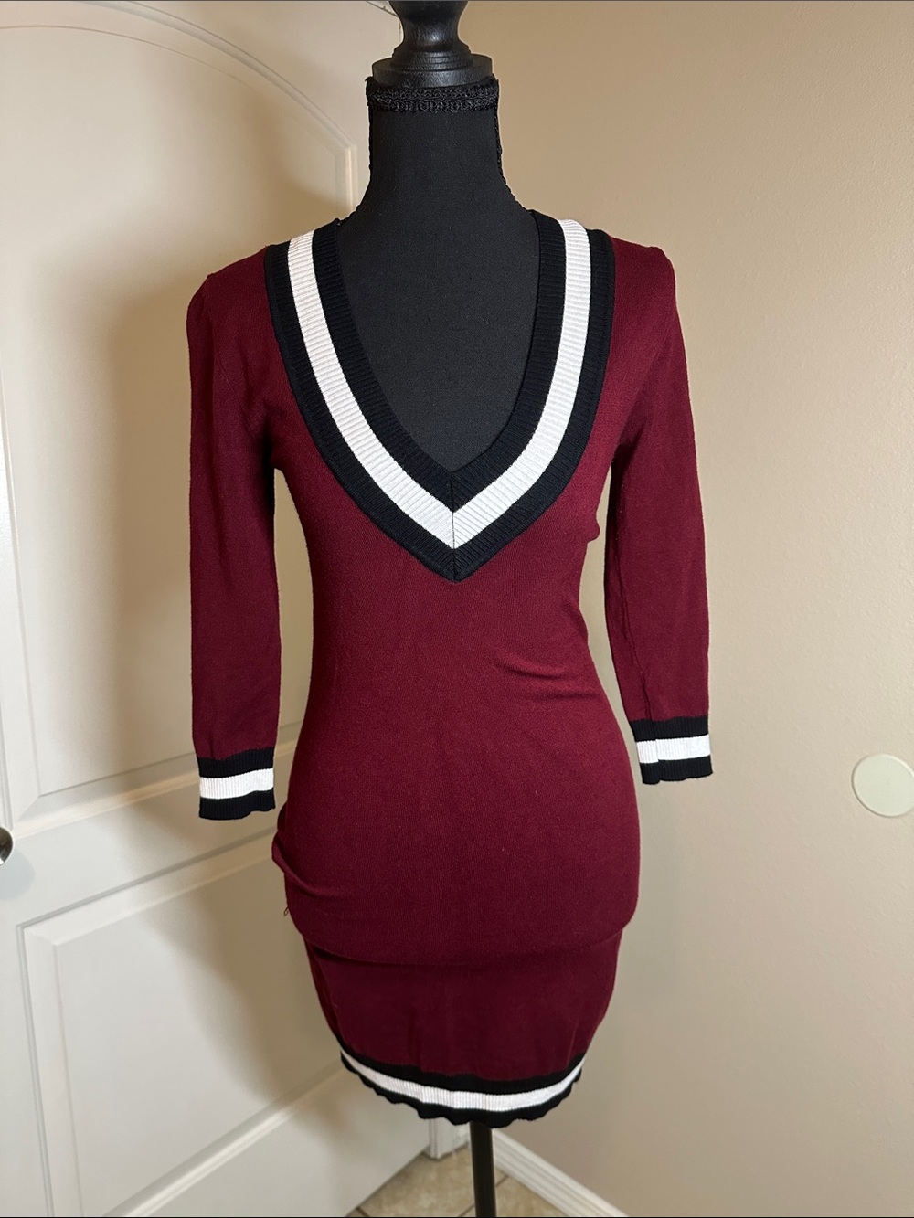 Forever 21 Burgundy V-Neck Knit Dress with Black and White Trim